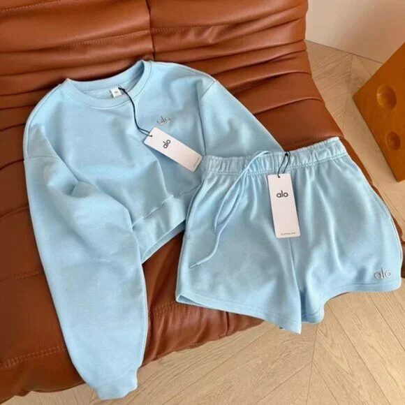 ALO Blue Long-Sleeve Top & Shorts Set — Size S - Picture 2 of 3